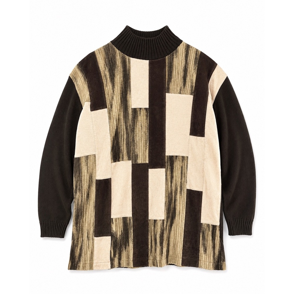 Vintage 90s Koman Sport Patchwork Sweater XL Abstract Art to Wear Brown Beige